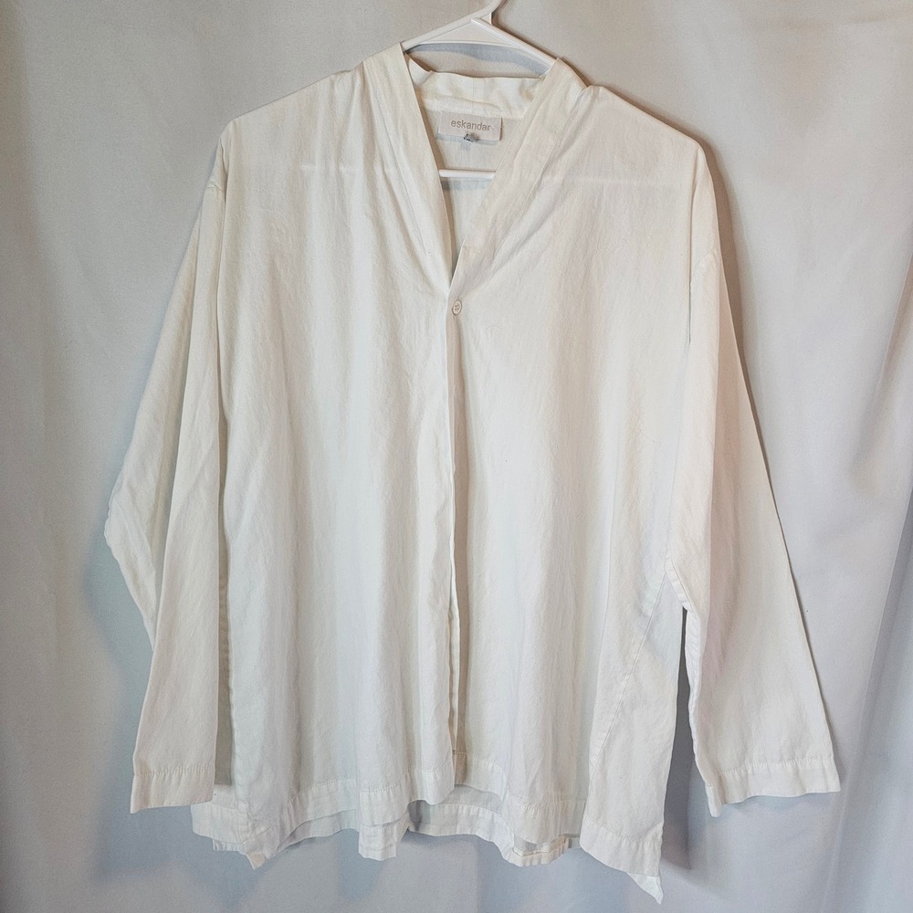 Eskandar Button Down Shirt Womens 0 White Lagenlook Minimalist Oversized Cotton